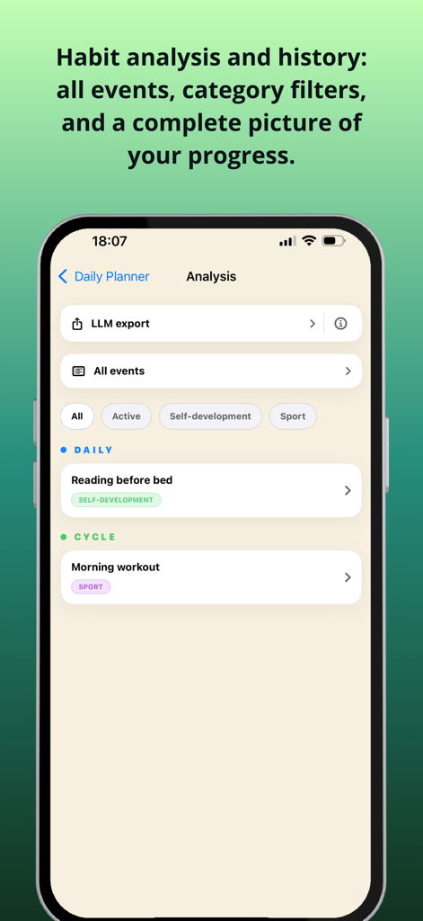 Daily Planner: No Subs Apps - Una pantalla de aplicación móvil que muestra el historial de hábitos, categorías de tareas como desarrollo personal y deportes, y una opción para exportar datos a LLM.