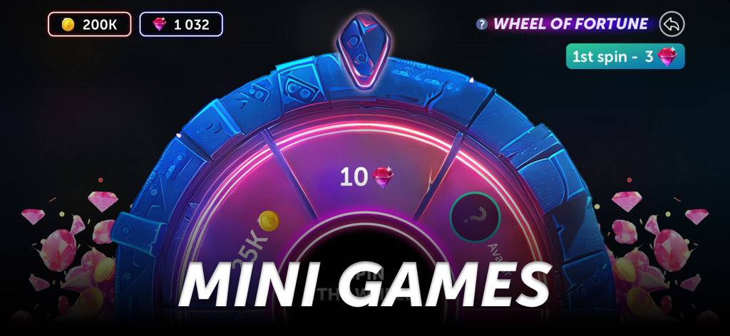 Backgammon Online: Dice Game - Wheel of Fortune mini game in the Backgammon Online app featuring rewards like gems and coins