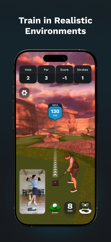 Golf Daddy: Golf At Home - Golf Daddy app interface featuring a virtual desert golf course and a picture-in-picture view of a home swing