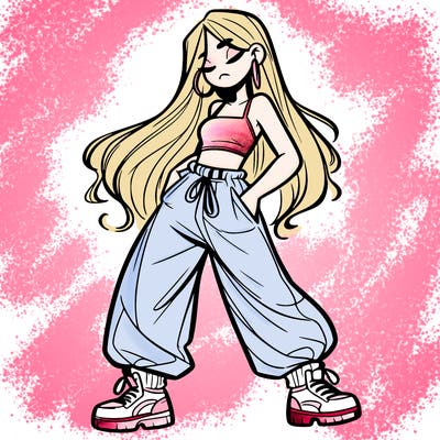 girl in baggy pants crop top and long hair