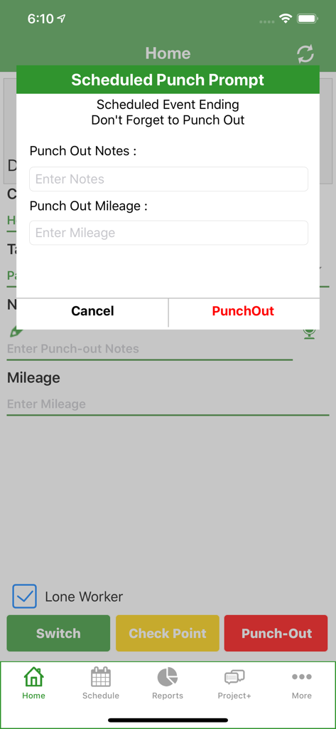 A screenshot of the Timesheet Mobile app showing a scheduled punch prompt with fields for notes and mileage entry.