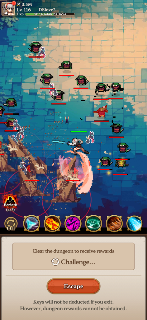 Dungeon Sisters : IDLE RPG - Pixel art gameplay of Dungeon Sisters IDLE RPG showing a character fighting monsters in a dungeon with skill icons below.