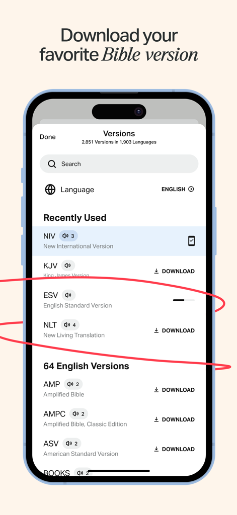 Interface of the YouVersion Bible App showing various downloadable translations including NIV, KJV, and ESV
