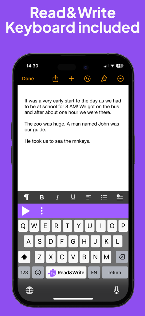 Pantalla de teléfono móvil que muestra la extensión de teclado Read and Write para soporte de lectura y escritura.