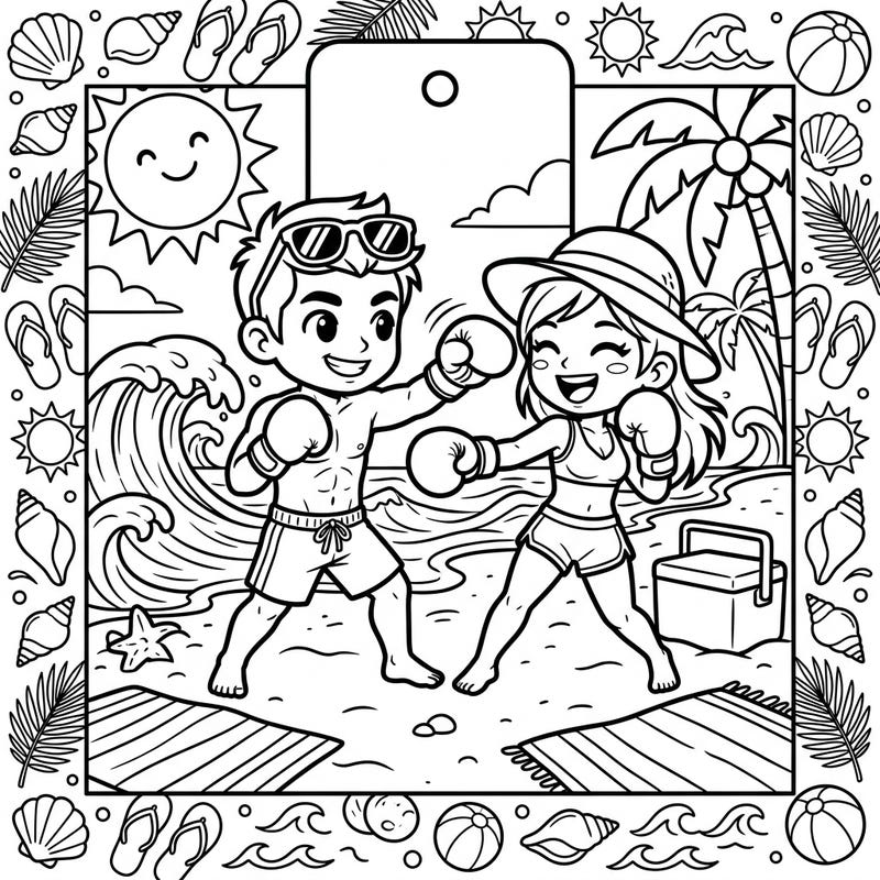 Get ready for a knockout summer with this vibrant coloring bookmark featuring two playful boxers enjoying a beach vacation. It's the perfect blend of athletic energy and sunny relaxation, ideal for all ages.