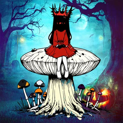 realistic girl sitting on a huge tree stump size toadstool with thorn crown