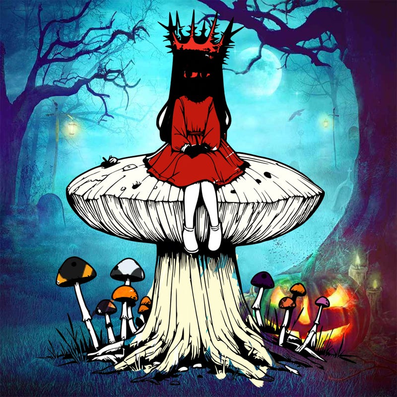 realistic girl sitting on a huge tree stump size toadstool with thorn crown