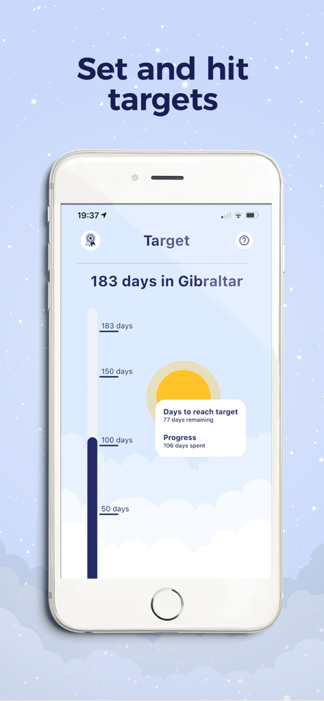 Ovrnite, The Tax Residency App - Ovrnite app interface showing a 183-day target tracker for Gibraltar residency status.