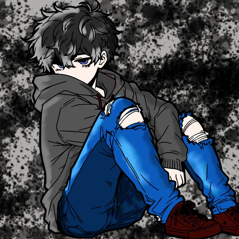a male hoddie ripped jeans messy hair anime