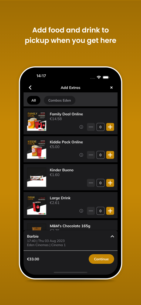 Una interfaz de aplicación móvil de Eden Cinemas que muestra un menú de snacks y bebidas de cine para pedir con antelación para recoger.