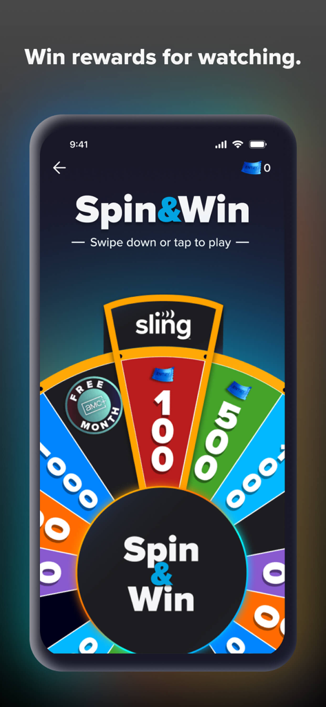 Sling: Live TV, Sports & News - Sling TV mobile App, die das Glücksrad „Spin and Win“ zum Sammeln von Belohnungen zeigt.