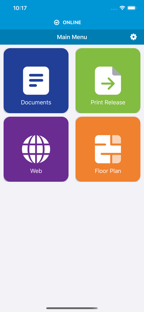 HP Advance - HP Advance mobile app main menu showing tiles for Documents Print Release Web and Floor Plan