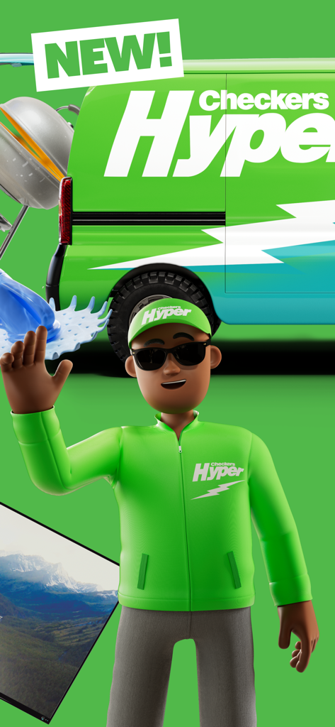 Checkers Sixty60 - Cartoon delivery driver in green uniform waving in front of a Checkers Hyper van with a TV and grill