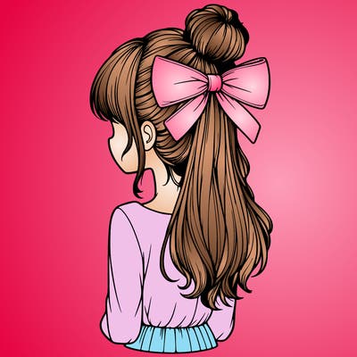 realistic girl  with hip length hair a bun and a big bow on the back of head