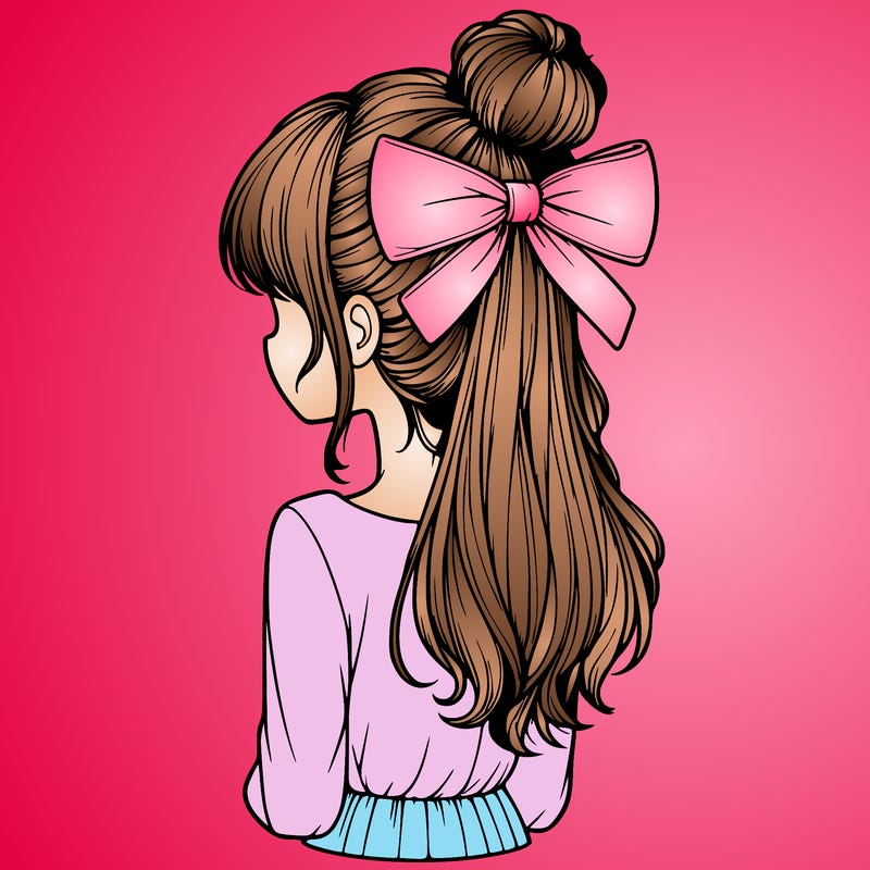 realistic girl  with hip length hair a bun and a big bow on the back of head