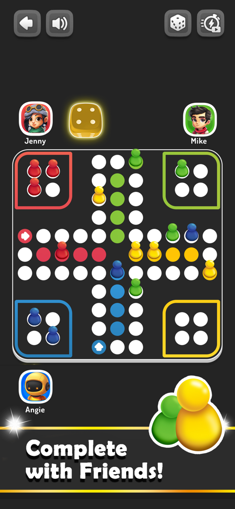 Digital Ludo board game gameplay showing colorful pieces and player avatars