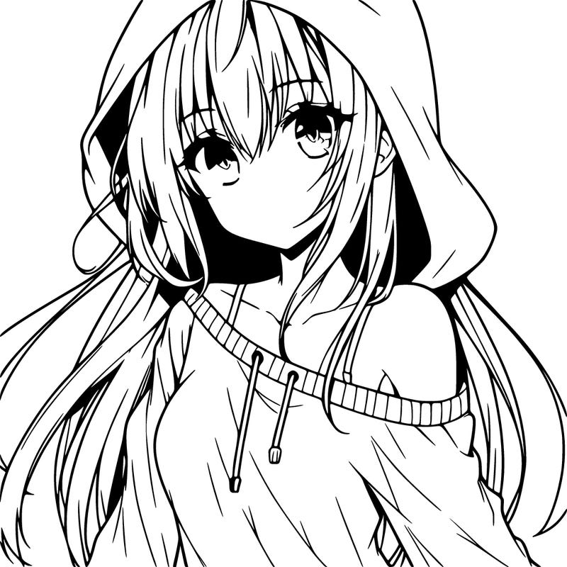 anime girl wearing long sleeve wearing hood, one shoulder sliding off side ways portrait