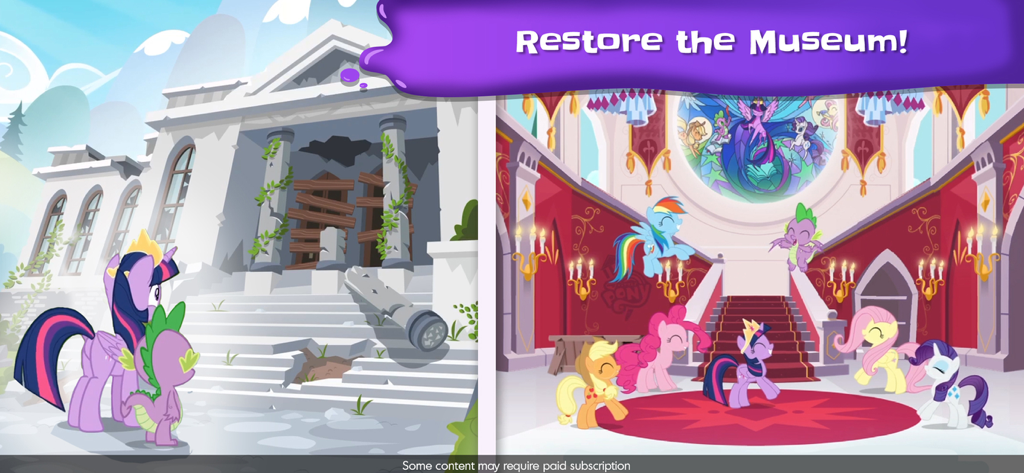 My Little Pony Color By Magic - Confronto prima e dopo del Museo dell'Amicizia in fase di ripristino in My Little Pony Colora la Magia.