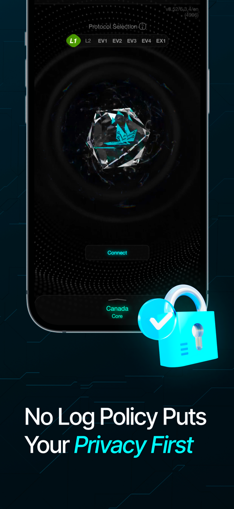 Interfaz de Larva VPN que muestra la política de no registros y la pantalla de conexión segura.