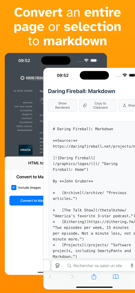 Web HTML to markdown: hmk - Interface of hmk app showing a webpage converted into Markdown code on an iPhone