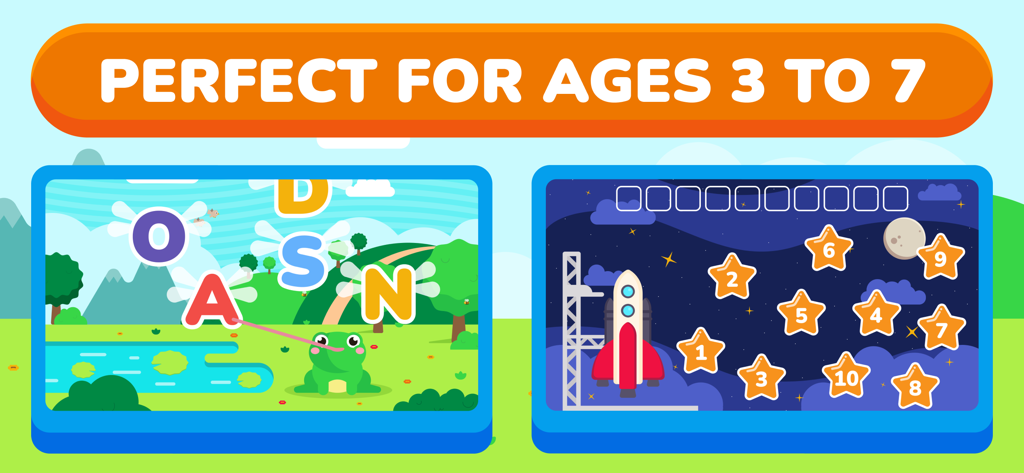 Preschool & Kindergarten Games - Dos pantallas de juego de la aplicación Juegos de Preescolar y Jardín de Infancia que muestran actividades de atrapar letras y contar cohetes para niños de 3 a 7 años