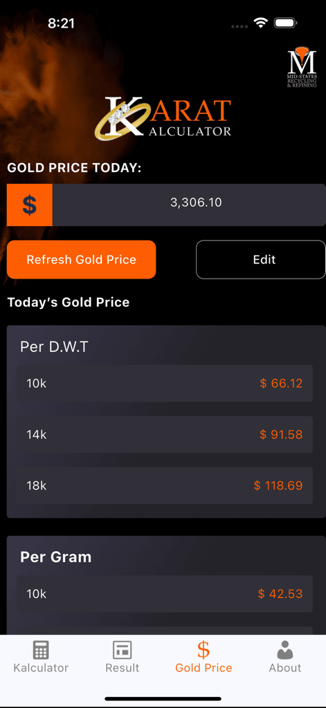 Karat Kalculator mobile app screen displaying current gold prices per DWT and per gram for 10k 14k and 18k gold
