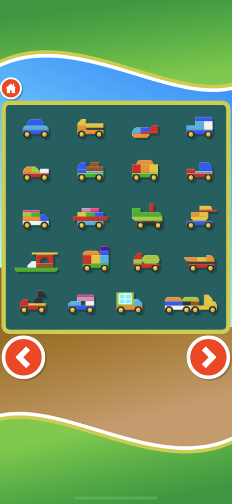 Building Blocks Puzzle Game - A selection screen displaying various colorful vehicles made of building blocks in the puzzle game.