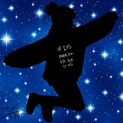 realistic girl jumping with a bun and oversized sweatshirt