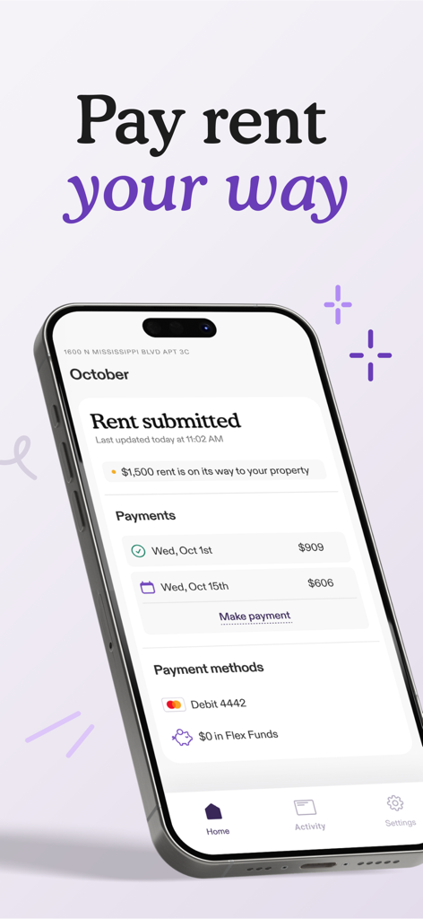 Flex - Rent On Your Schedule - Interface do aplicativo Flex em um smartphone mostrando o aluguel dividido em dois pagamentos mensais