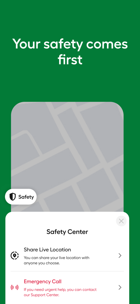 MARTI: TAG & Scooter - Interface of the Marti app Safety Center showing options to share live location and make an emergency call