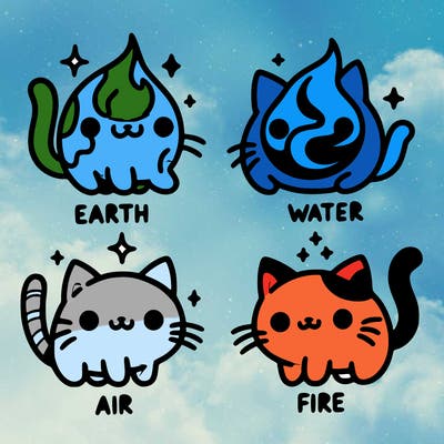 4 cats that represent the different elements, earth, water, air, and fire