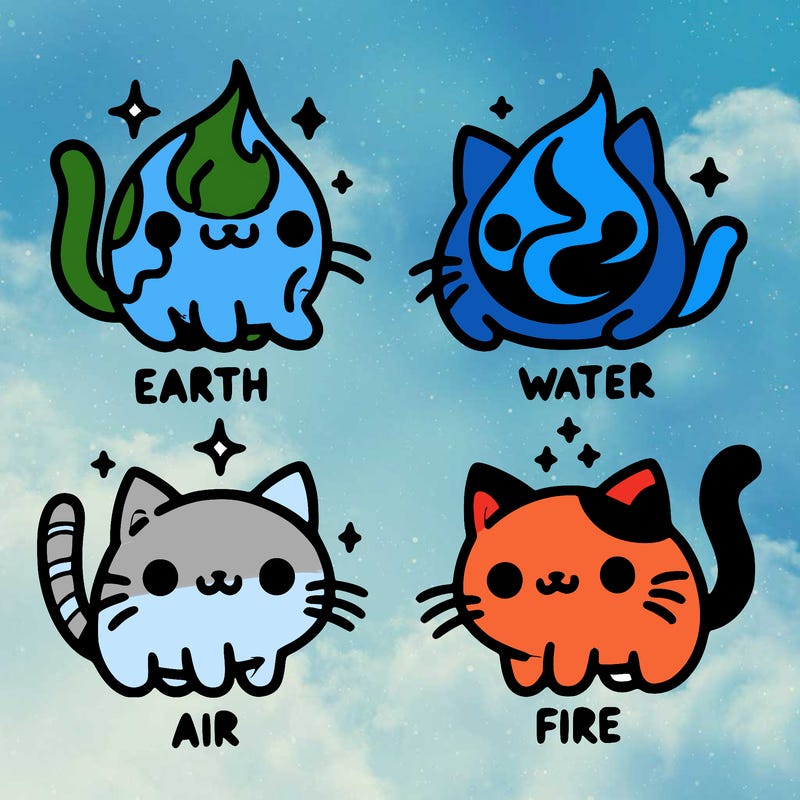 4 cats that represent the different elements, earth, water, air, and fire