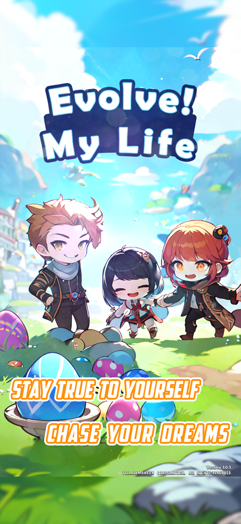 Evolve! My life - 귀여운 초코 캐릭터와 화려한 펫 알이 있는 Evolve My Life 방치형 RPG 타이틀 화면