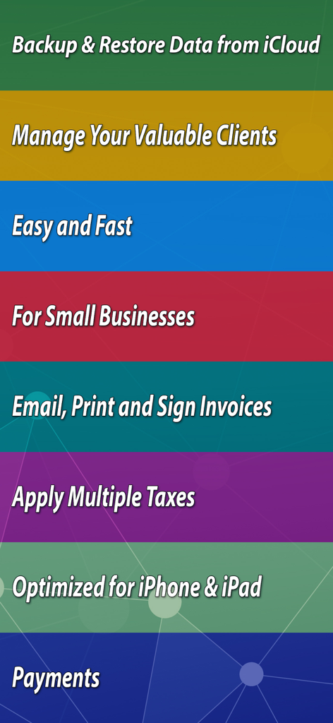 Invoice & Estimate Maker - Una lista de características para la aplicación Creador de Facturas y Presupuestos, incluyendo copia de seguridad en iCloud, gestión de clientes y facturación profesional para pequeñas empresas.