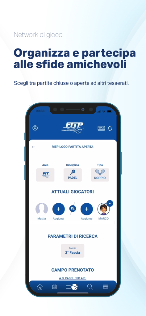 MyFITP - Interfaccia dell'app MyFITP per organizzare e partecipare a partite di padel amichevoli con altri giocatori