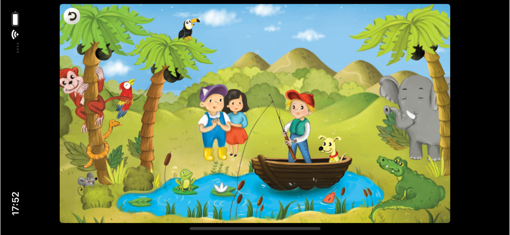 Popular Nursery Rhymes  kids - Ilustración de dibujos animados de un niño en un bote con animales y amigos en un entorno de jungla para la rima infantil "Row Row Row Your Boat".