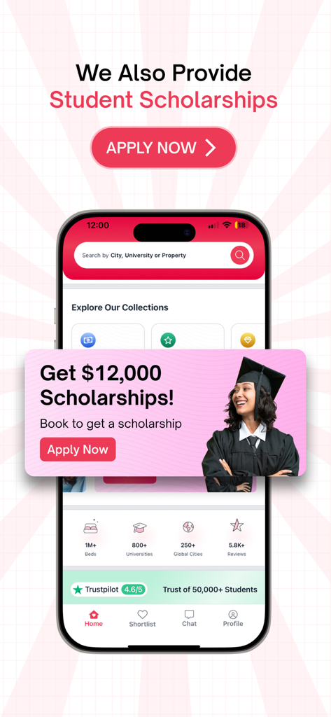 Amber: Student Housing & Apt - Amber app interface showing scholarship options for students