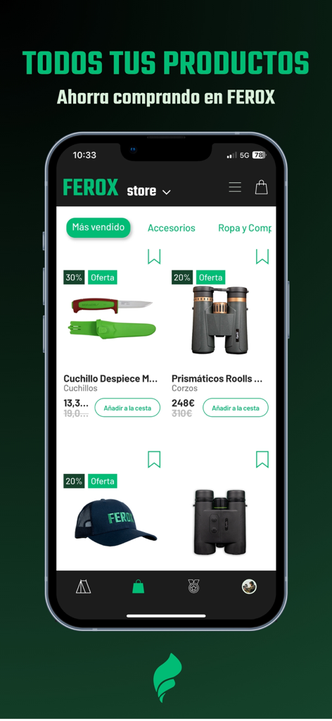 Ferox - Your Hunting App - Tienda dentro de la aplicación de Ferox que muestra equipo de caza como cuchillos y binoculares con etiquetas de descuento.