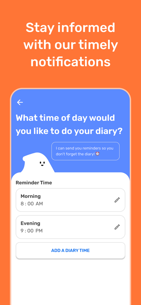 Fabla - Audio Diary Kit - Interface of the Fabla app showing morning and evening reminder settings for audio diary entries