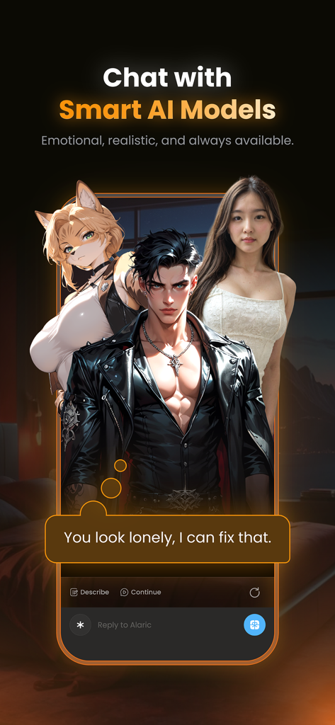 Foxy: 18+ AI Characters & Chat - Diverse AI characters including a furry fox girl and a muscular man on the Foxy app chat screen