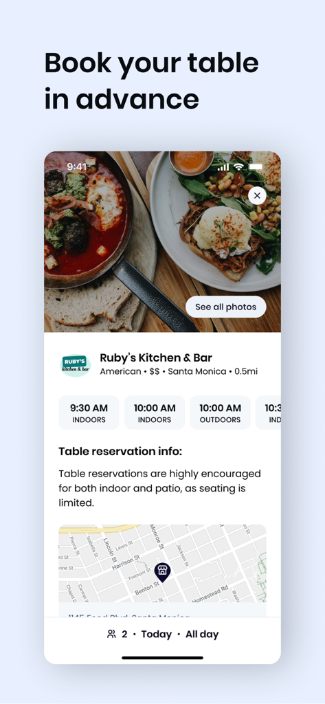 GoTo Place app screen showing table reservation options and time slots for a local restaurant
