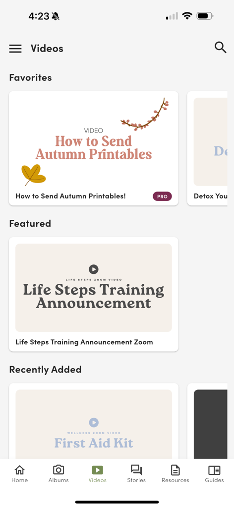 Life Steps - Video library screen of Life Steps app showing business training and wellness video resources