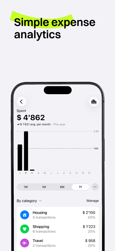 buybuy - Smartphone-Bildschirm, der die buybuy-App mit Ausgabenanalyse-Diagrammen und Ausgabenkategorien zeigt
