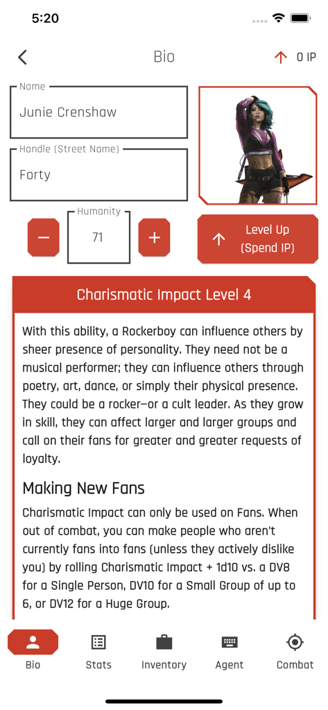 Cyberpunk Red Companion app character bio screen displaying stats, handle, and Rockerboy ability details