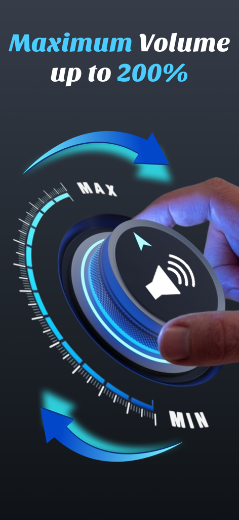 Ai Volume booster - A hand turning a digital dial in the Ai Volume booster app to increase sound levels up to 200 percent