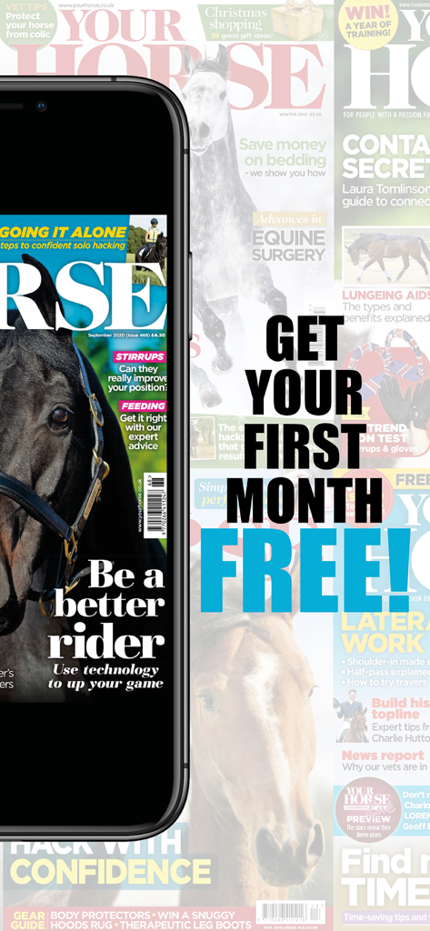 Your Horse - Your Horse magazine app promotional screen offering the first month free on a smartphone