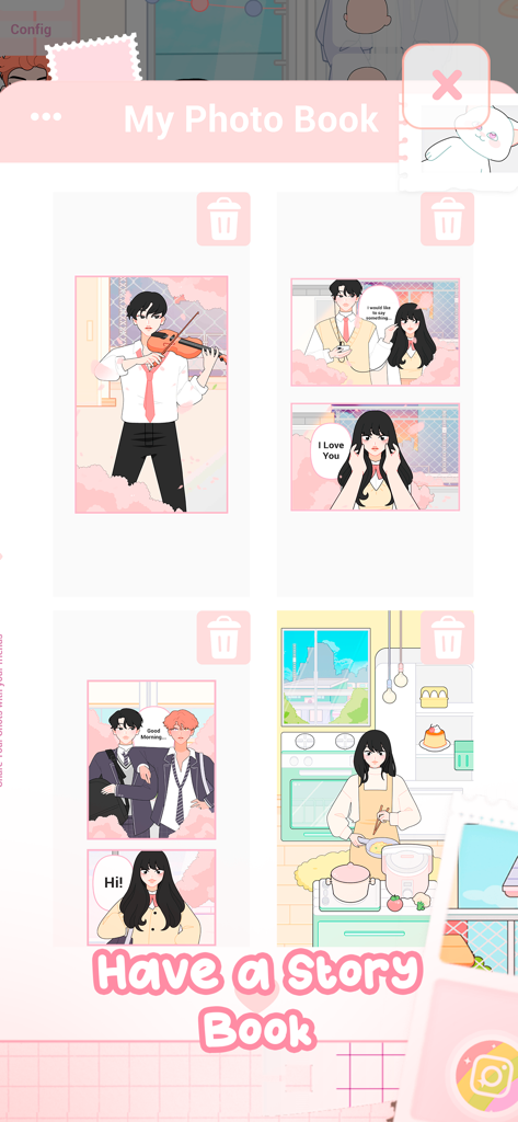 Shining Star : Idol Dress Up - Shining Starのマイフォトブック機能のインターフェース。カスタムアニメストーリーとウェブトゥーンパネルが表示されています。