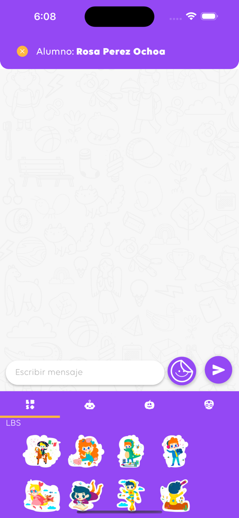 LBS Plus messaging screen with student chat interface and cartoon stickers