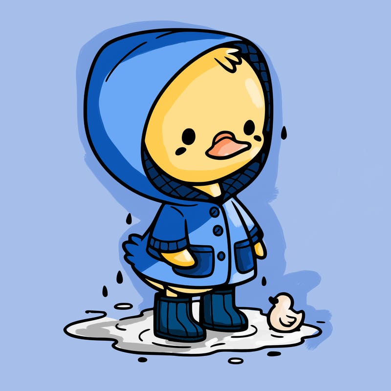 baby duck in a rain coat and boots, in a puddle while it’s raining