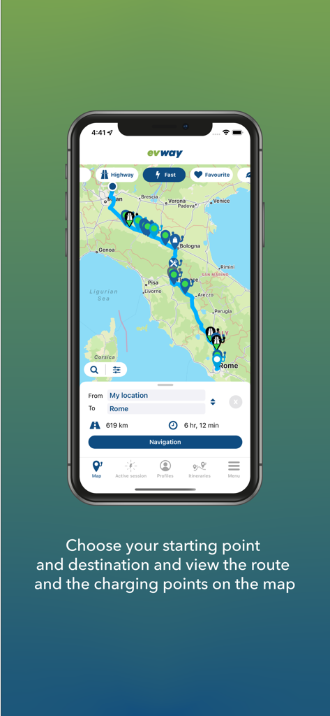 evway - Car Navigator eMX - evway app screen showing an electric vehicle route with charging stations on a map